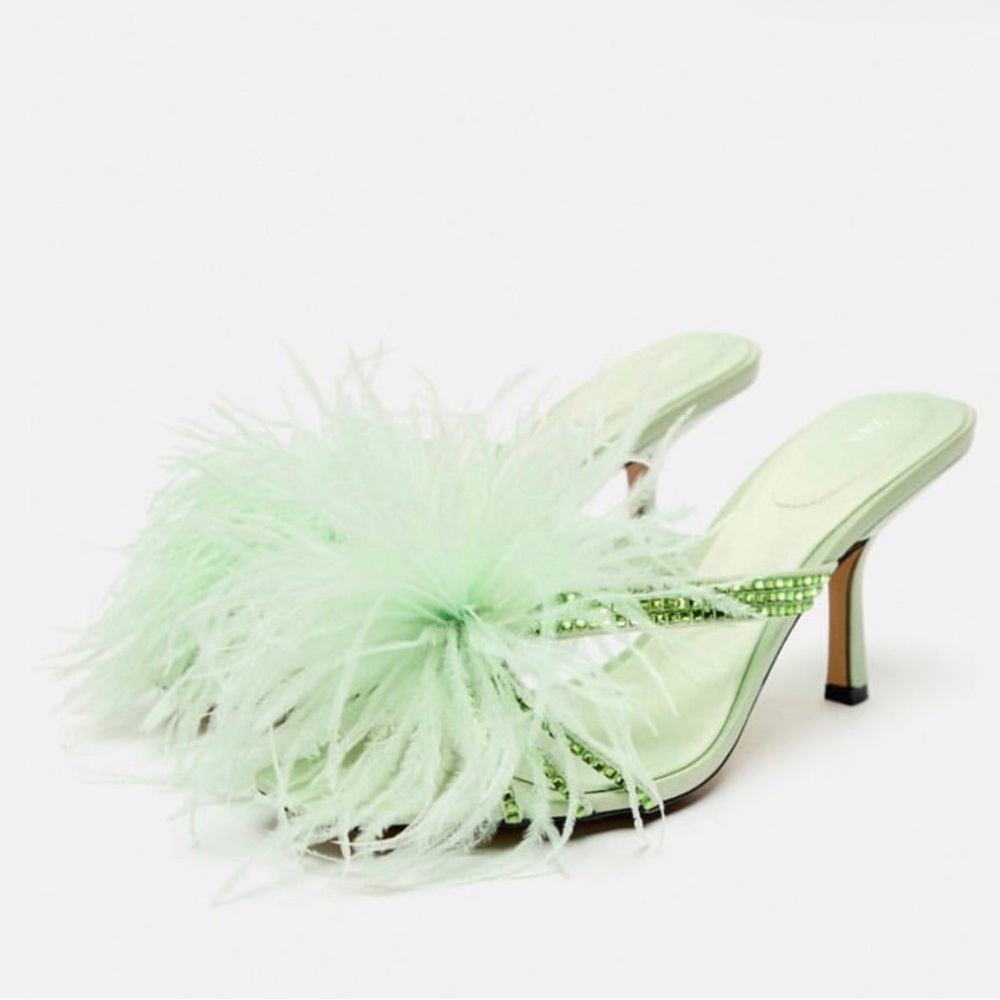 Feathered heeled sandals water green
